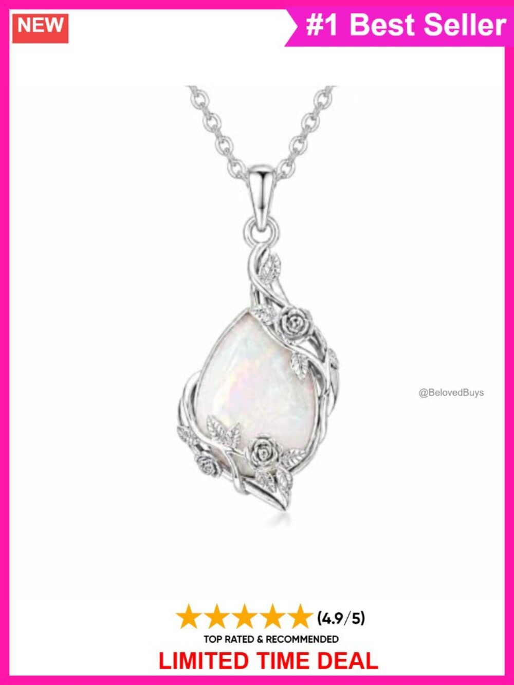 White Gold Plated Opal Teardrop Pendant Necklace Rose Vine Spiritual Gift